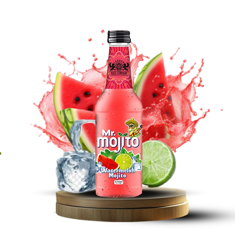 Mr. Mojito Watermelon Mojito 275ml frosted bottle, showcasing a crisp watermelon flavour with lime and ice for a refreshing experience.