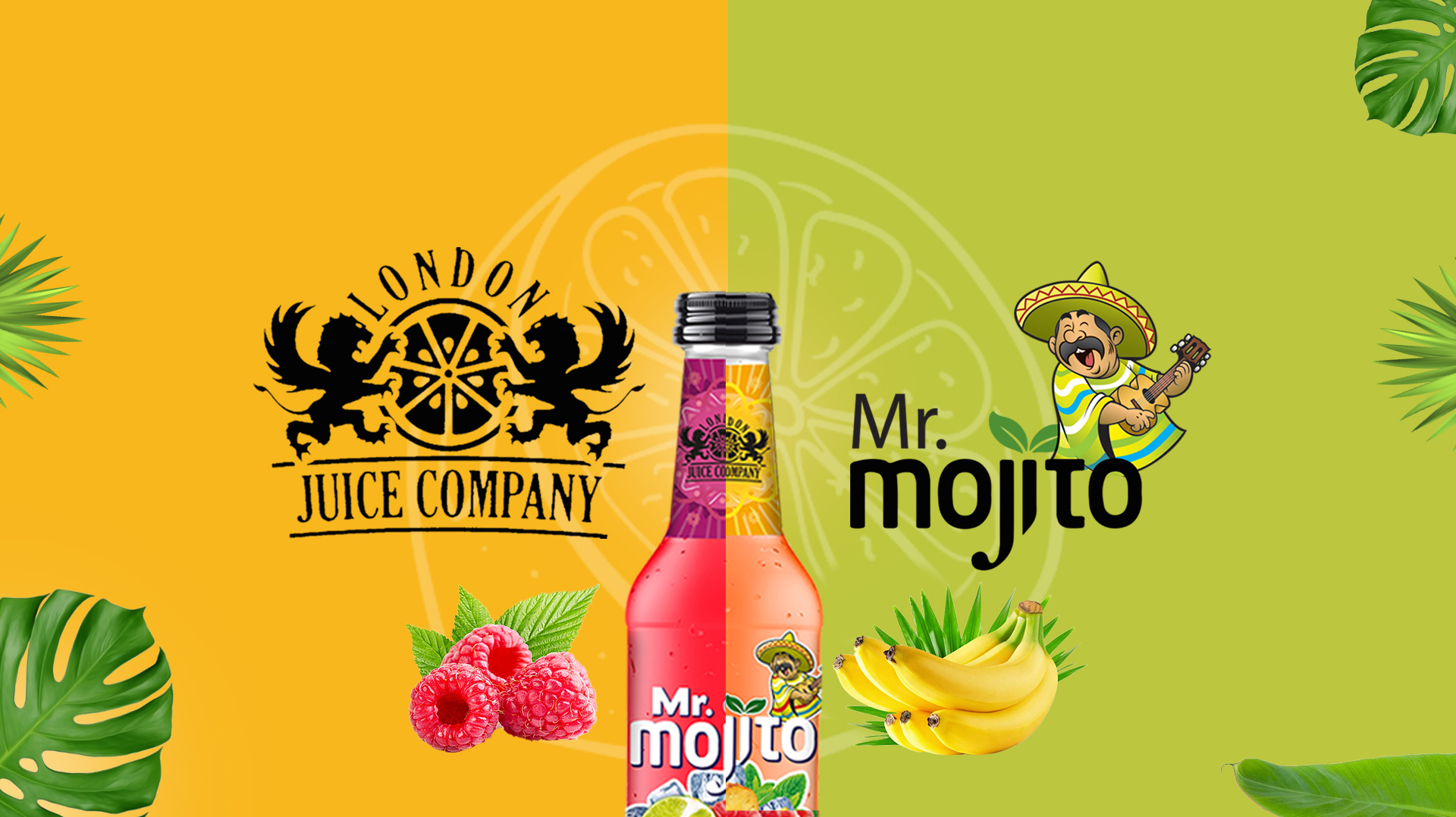 Three brightly colored cans of Mr. mojo flavored mojito beverages, raspberry, mango and watermelon, are displayed with fruit slices on a green background.