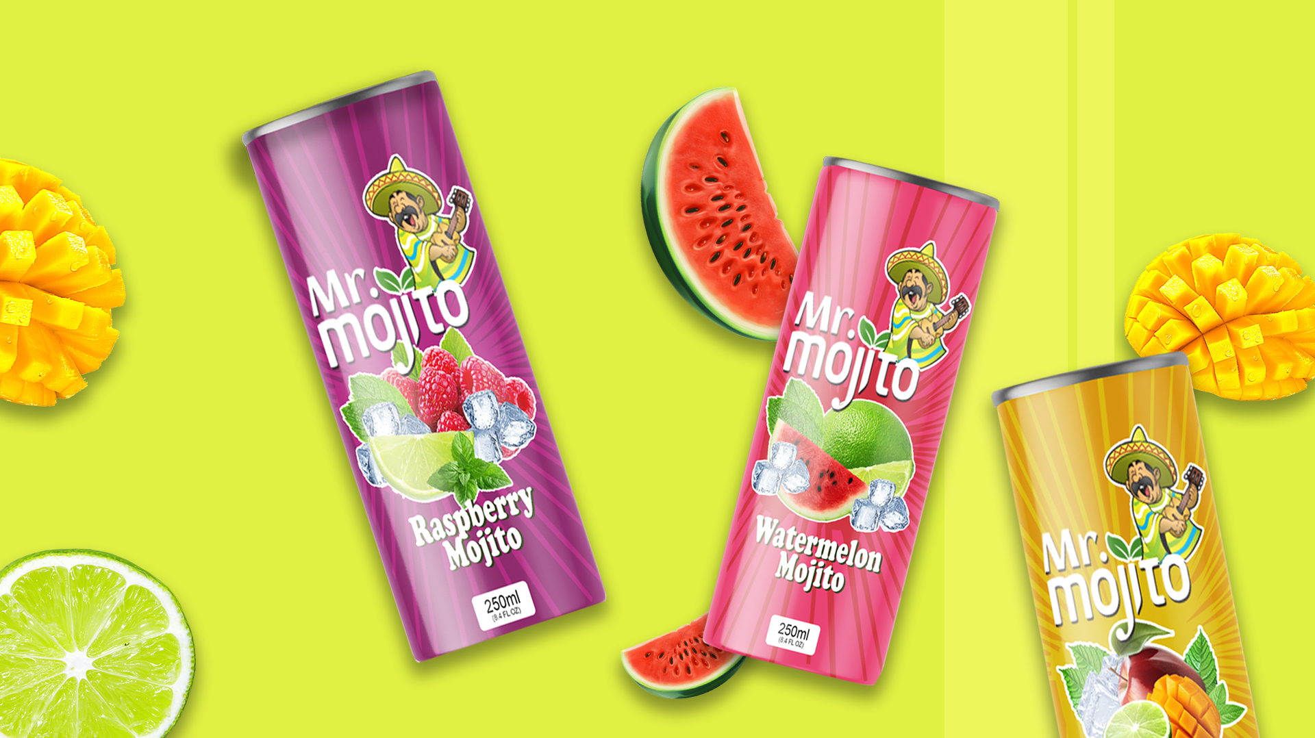 A Colorful advertisement for mr. mojito beverage with 2 different flavors strawberry and banana fruit and a character playing guitar, flanked by the london juice company's logo and mr mojito’s logo. Displayed with leaves and fruits on 2 different orange and green background colors.