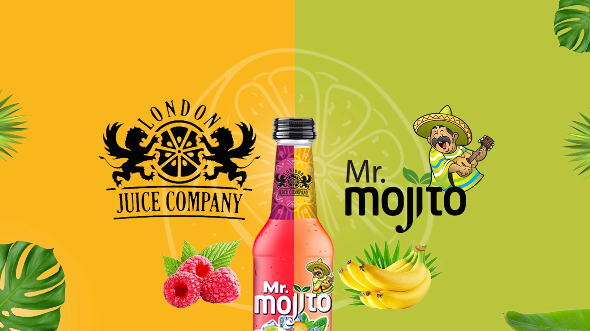 London Juice Company and Mr. Mojito branding alongside vibrant flavours like Raspberry Mojito and Banana Mojito in a refreshing beverage lineup.