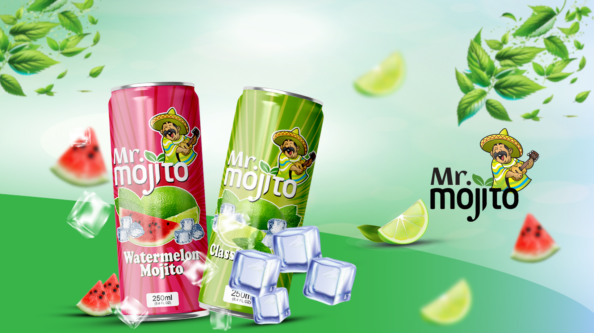 Mr. Mojito 250ml cans featuring Watermelon Mojito and Classic Mojito, with refreshing lime and mint, perfect for a cool drink experience.