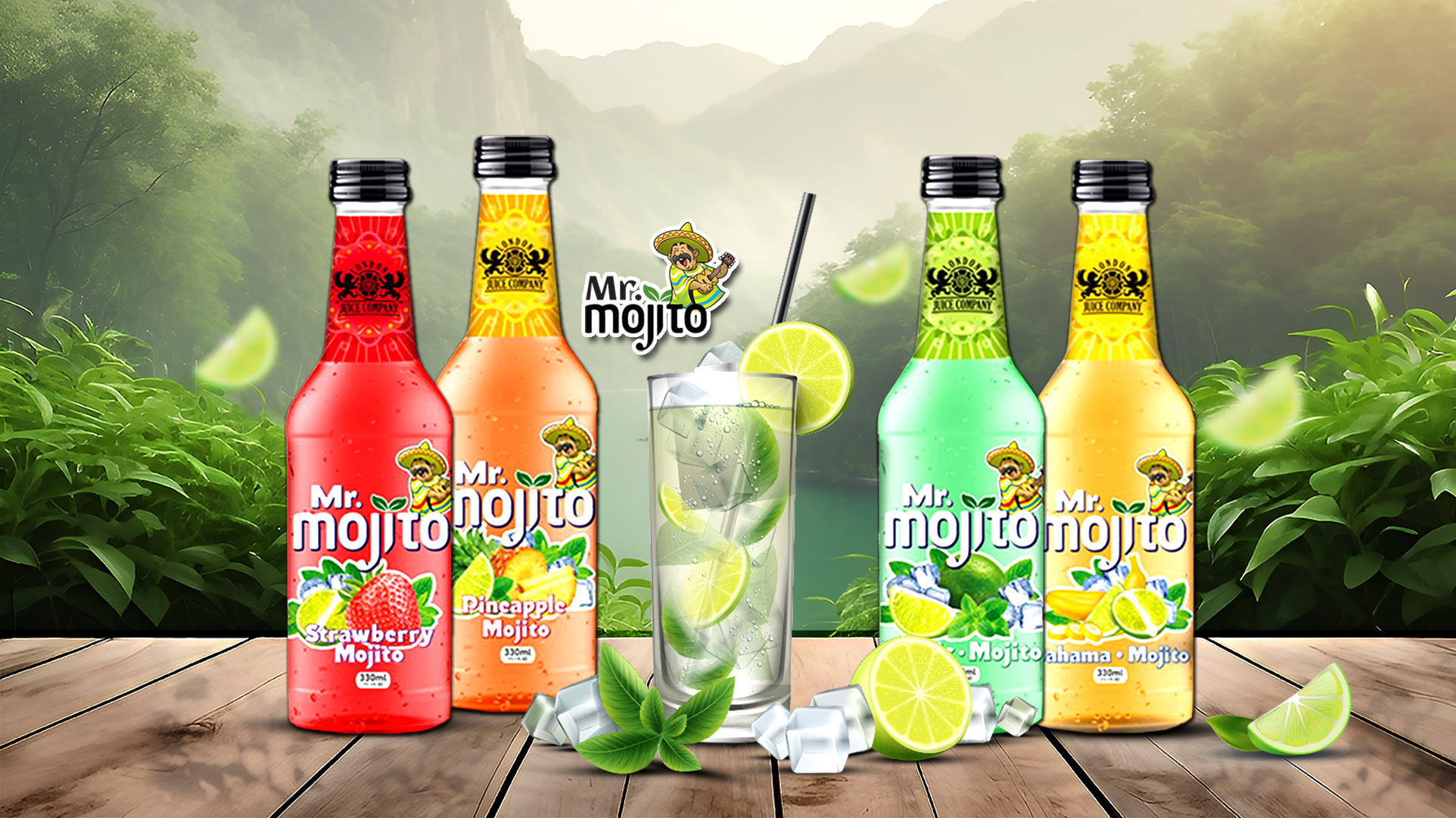 Mr. Mojito drinks in Strawberry, Pineapple, Bahama, and Classic flavors, with a refreshing mojito cocktail at the center, surrounded by fresh lime and mint, set against a serene natural backdrop.